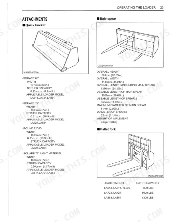 Kubota LA514, LA724, LA854 loader attachment specs for quick bucket, bale spear, and pallet fork dimensions.