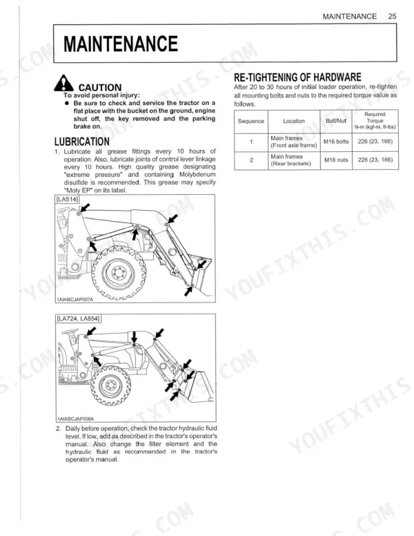 Kubota LA514, LA724, LA854 maintenance page showing lubrication points, grease fitting diagrams, and hardware torque table.