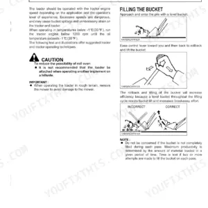 Kubota LA514, LA724, LA854 loader operating manual page showing bucket filling techniques and control lever operation.