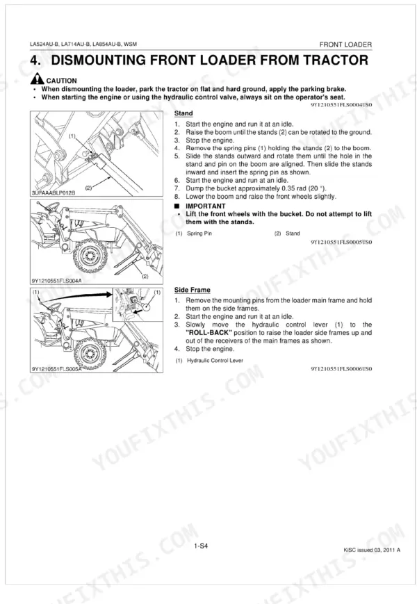 Kubota LA524AU-B, LA714AU-B, LA854AU-B service manual page showing procedures for dismounting the front loader.