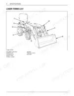 kubota-la525-front-loader-operator-manual-exploded-view-18.webp Kubota LA525 loader terminology diagram identifying boom, bucket, cylinders, and control lever components.