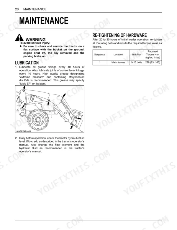 Kubota LA525 maintenance page showing grease fitting locations, lubrication instructions, and main frame bolt torque table.