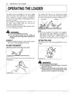 kubota-la525-front-loader-operator-manual-operations-22.webp Kubota LA525 loader operating instructions, bucket filling techniques, and safety warnings for lifting loads.