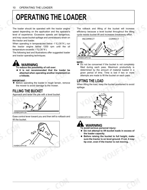 Kubota LA525 loader operating instructions, bucket filling techniques, and safety warnings for lifting loads.