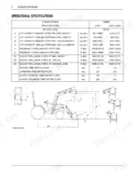kubota-la525-front-loader-operator-manual-specs-16.webp Kubota LA525 loader operational specifications table and dimension diagram for L2501, L3301, and L3901 tractor models.