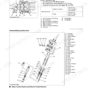 Kubota LA525, LA765 control valve exploded view, torque specs for adapters, and disassembly procedure for boom and bucket sections.
