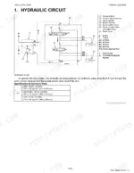 Kubota LA525, LA765 hydraulic circuit diagram, control valve assembly, and relief valve pressure specifications table.