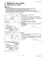 Kubota LA525, LA765 service manual page showing procedures for removing the front loader, stands, and side frames.