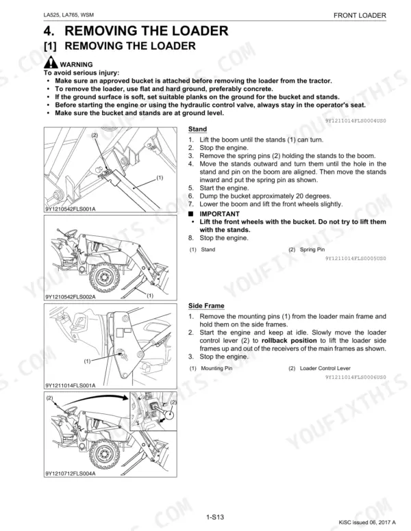 Kubota LA525, LA765 service manual page showing procedures for removing the front loader, stands, and side frames.