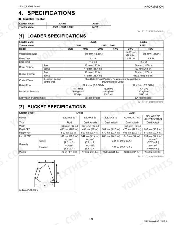 Kubota LA525, LA765 specifications table for loader and bucket dimensions, capacities, and hydraulic pressure settings.