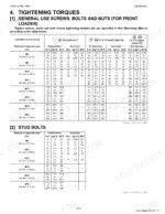 Kubota LA525, LA765 torque specification tables for general use screws, bolts, nuts, and stud bolts by grade and material.