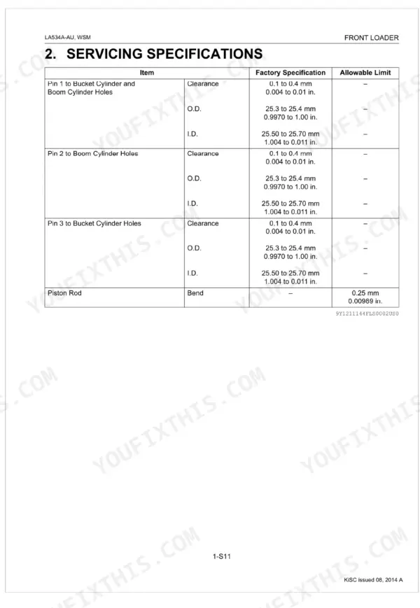 Kubota LA534A-AU servicing specifications table for cylinder pin clearances, O.D., I.D., and piston rod bend limits.
