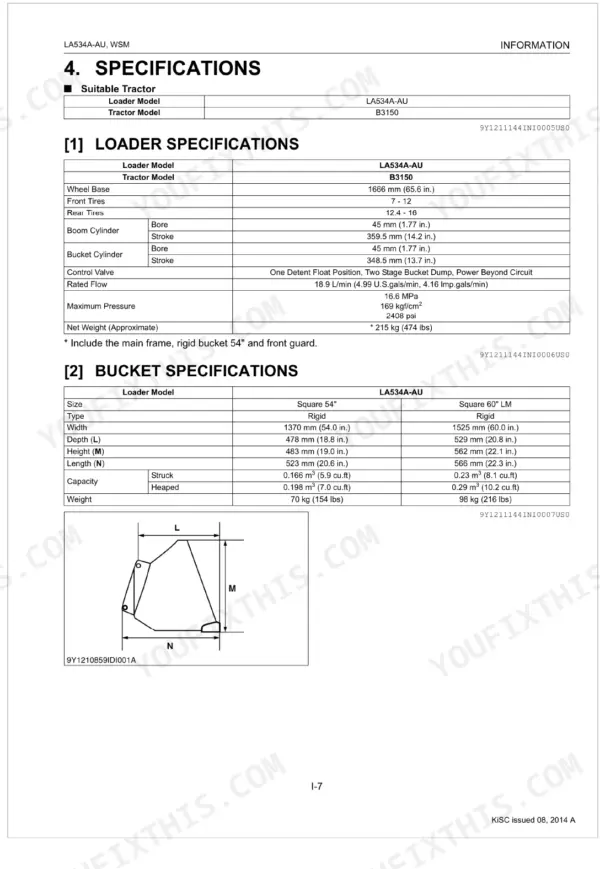 Kubota LA534A-AU loader and bucket specifications table including cylinder bore, stroke, pressure, and dimensions.