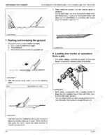 kubota-la535-front-loader-operator-manual-attachments-30.webp Kubota LA535 loader operating procedures for peeling, scraping ground, and loading trucks from a pile with bucket diagrams.