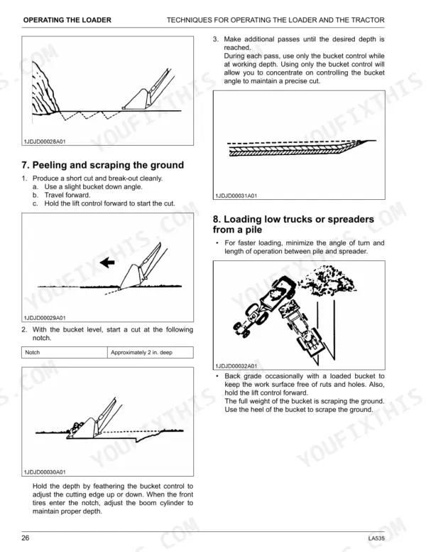 Kubota LA535 loader operating procedures for peeling, scraping ground, and loading trucks from a pile with bucket diagrams.