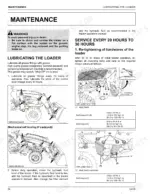 kubota-la535-front-loader-operator-manual-maintenance-38.webp Kubota LA535 maintenance manual page showing loader lubrication points, bolt re-tightening diagrams, and torque specifications.