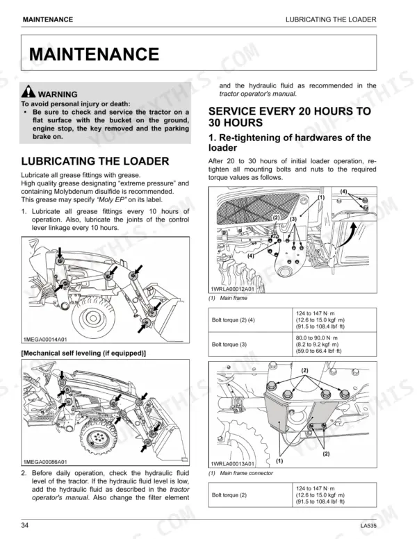 Kubota LA535 maintenance manual page showing loader lubrication points, bolt re-tightening diagrams, and torque specifications.