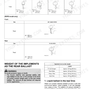 Kubota LA535 tire tread width diagrams and rear ballast weight table for implements like scrapers and backhoes.