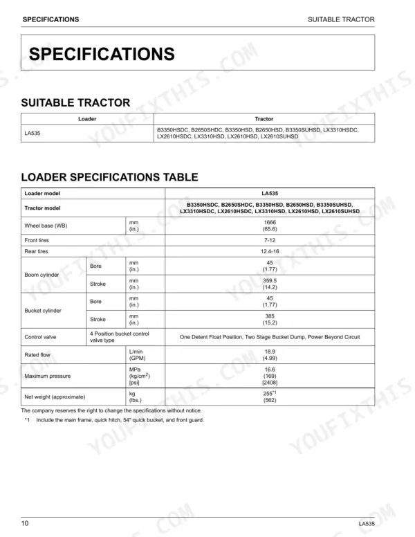 Kubota LA535 loader specifications table including cylinder bore, stroke, flow, pressure, and compatible tractor models.