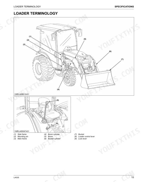 Kubota LA535 loader terminology diagram showing boom, cylinders, bucket, control lever, and lock lever components.