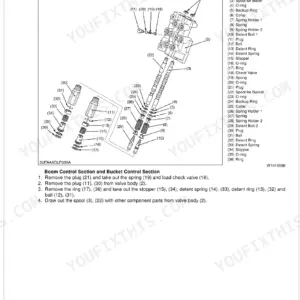 Kubota LA703 exploded view diagram and disassembly procedure for the front loader control valve assembly.