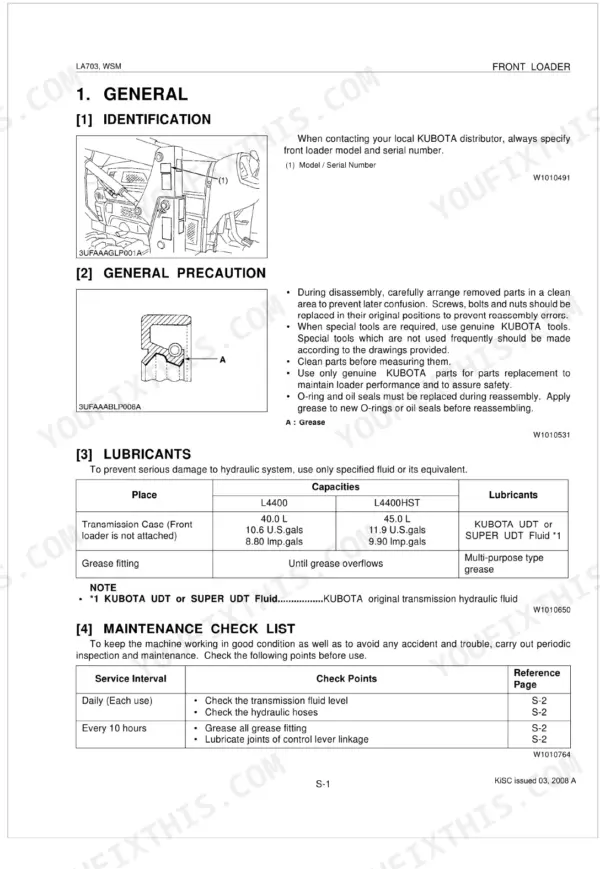 Kubota LA703 front loader identification, general precautions, lubricant capacity table, and maintenance check list.