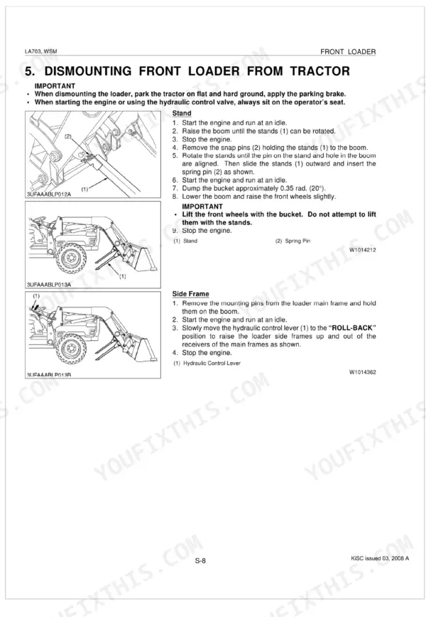 Kubota LA703 front loader dismounting procedure, including stand setup and side frame removal diagrams and instructions.