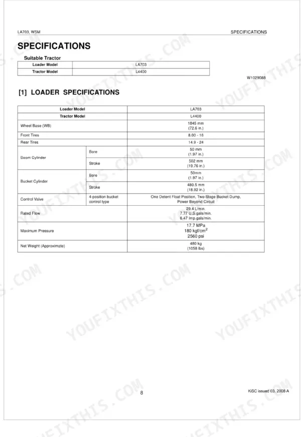 Kubota LA703 loader specifications table including boom cylinder, bucket cylinder, hydraulic flow, and pressure data.