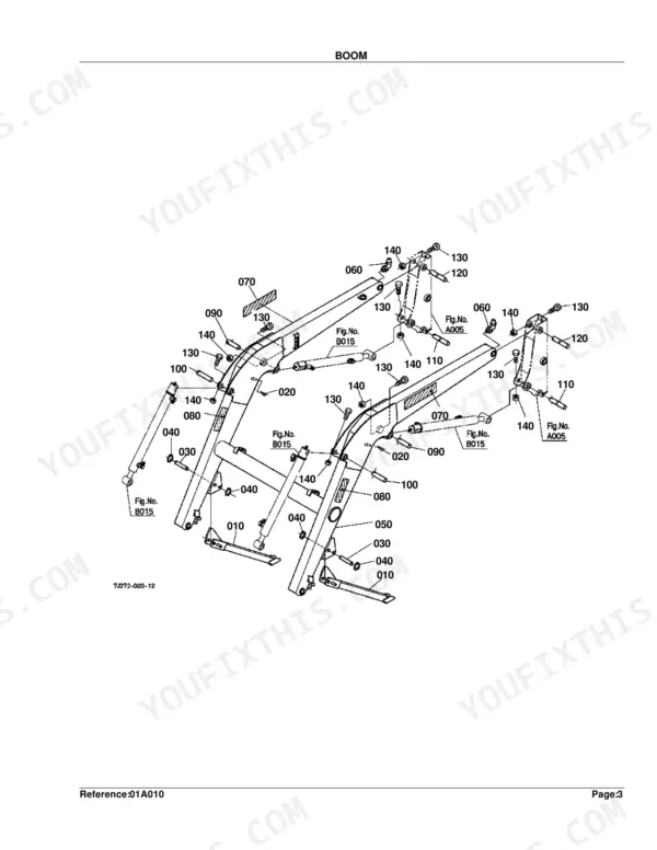 Kubota LA703 exploded view diagram of the loader boom assembly, showing pins, bolts, and hydraulic cylinder mounts.