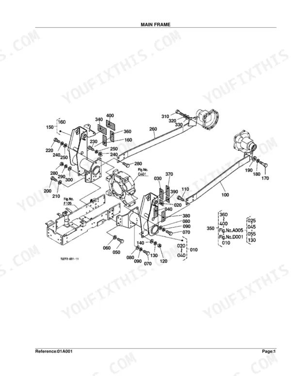 Kubota LA703 exploded view diagram of the main frame assembly, showing structural components, bolts, and mounting hardware.