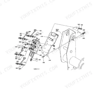 Kubota LA703 exploded view diagram of the control valve assembly, mounting bracket, and hydraulic fittings.
