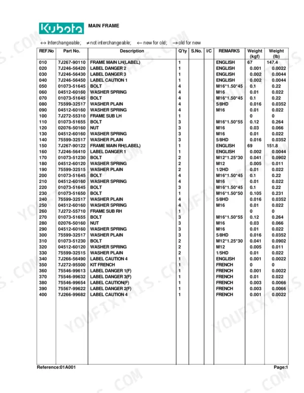 Kubota LA703 parts list for main frame components, including labels, bolts, nuts, and washers with part numbers and weights.