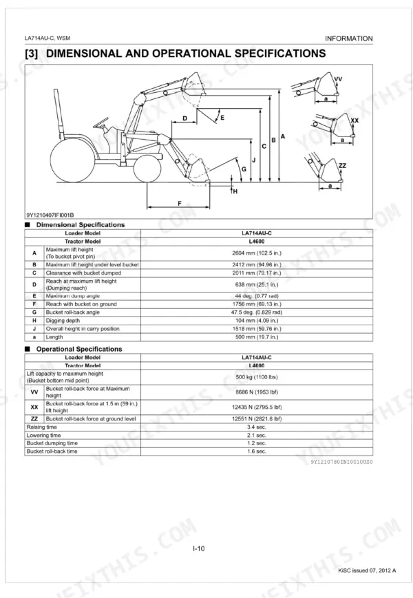Kubota LA714AU-C loader dimensional and operational specifications table and diagram for L4600 tractor.