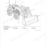 Kubota LA714AU, LA854AU loader terminology diagram identifying boom, bucket, cylinders, and main frame components.
