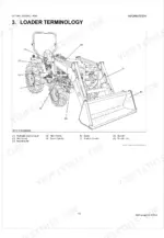 Kubota LA714AU, LA854AU loader terminology diagram identifying boom, bucket, cylinders, and main frame components.