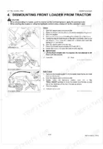Kubota LA714AU, LA854AU procedures for dismounting the front loader from the tractor using stands and side frames.