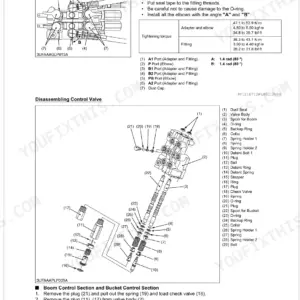 Kubota LA764 control valve disassembly, exploded view, torque specs, and boom and bucket control section procedures.