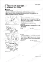 kubota-la764-front-loader-workshop-manual-9y111-07120-procedures-46-1.webp Kubota LA764 loader removal procedure, showing stand adjustment, mounting pin removal, and hydraulic control lever operation.