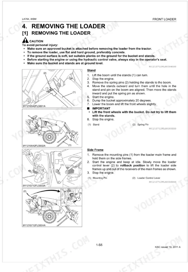 Kubota LA764 loader removal procedure, showing stand adjustment, mounting pin removal, and hydraulic control lever operation.