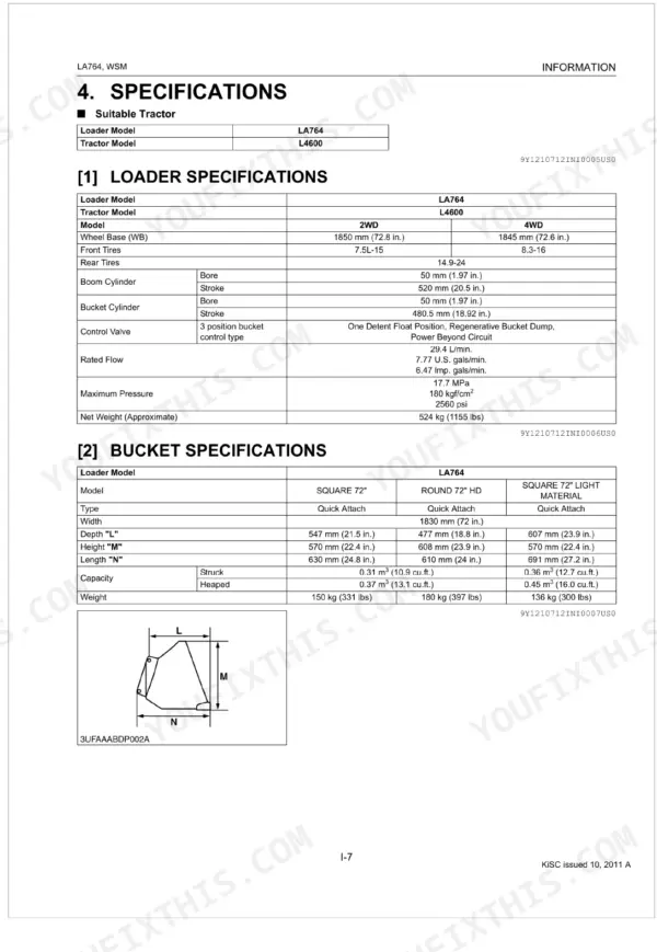 Kubota LA764 loader and bucket specifications table including cylinder bore, stroke, rated flow, and bucket dimensions.