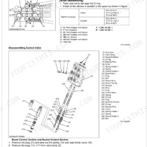 Kubota LA844 control valve disassembly, torque specs for adapters, and exploded view of boom and bucket control sections.