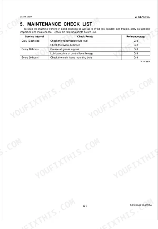 Kubota LA844 maintenance checklist table showing daily, 10-hour, and 50-hour service intervals and check points.