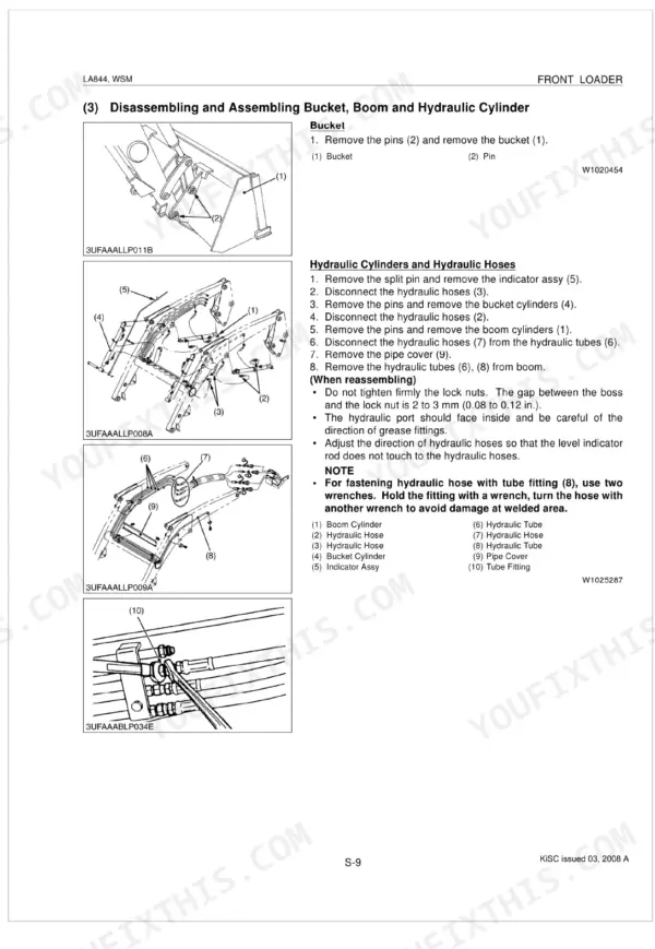Kubota LA844 procedures for disassembling and assembling the front loader bucket, boom, and hydraulic cylinders.