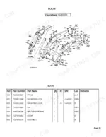 Kubota LA844 exploded view diagram and parts list for boom assembly, including stand, spring lock pins, and bushings.