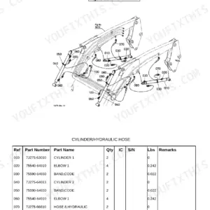 Kubota LA844 exploded view diagram and parts list for cylinder and hydraulic hose assembly components.