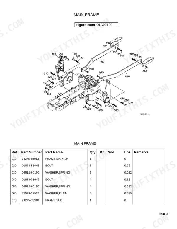 Kubota LA844 exploded view diagram and parts list for the main frame assembly, including bolts and washers.