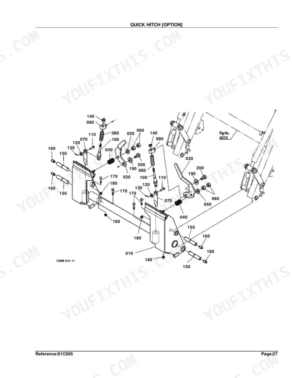 Kubota LA853 exploded view diagram of the optional quick hitch assembly with numbered component parts list.