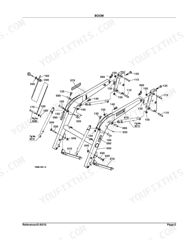 Kubota LA853 exploded view diagram of the loader boom assembly, showing pins, bolts, and hydraulic cylinder mounts.