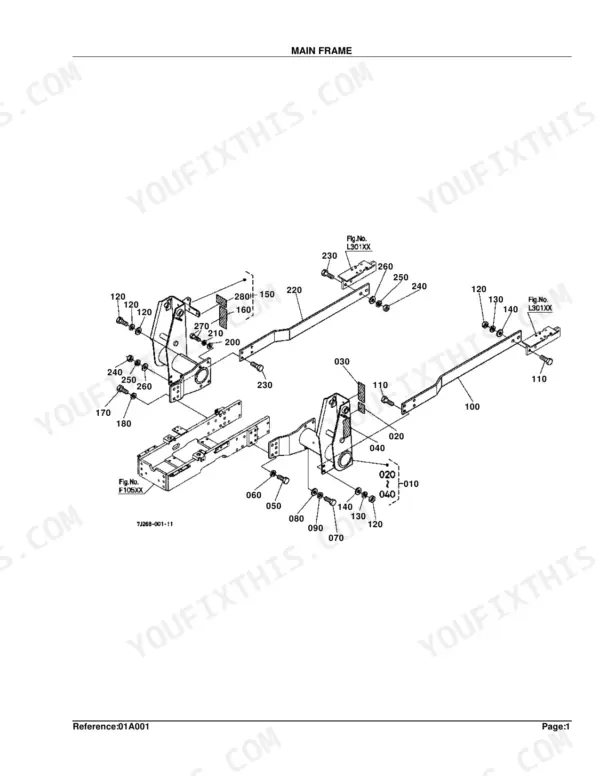 Kubota LA853 exploded view diagram of the main frame assembly, showing mounting brackets, bolts, and hardware components.