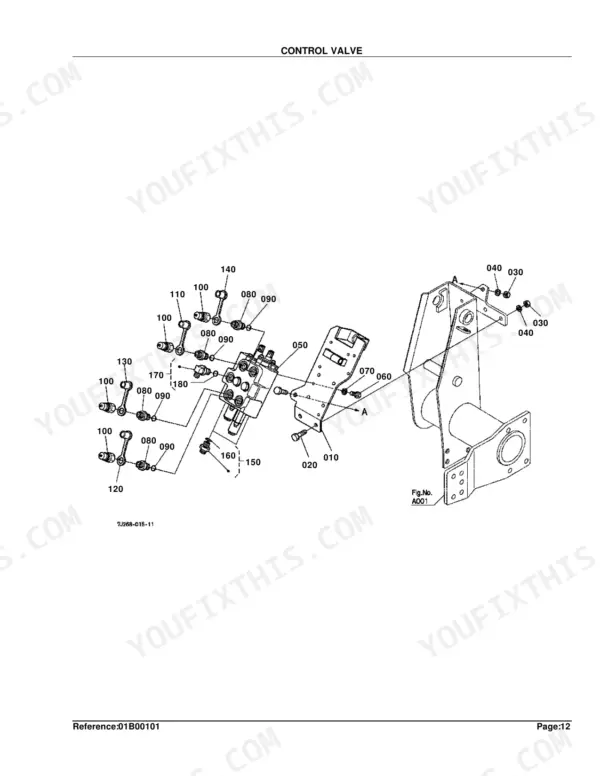 Kubota LA853 exploded view diagram of the control valve assembly, including mounting brackets, fittings, and hardware.